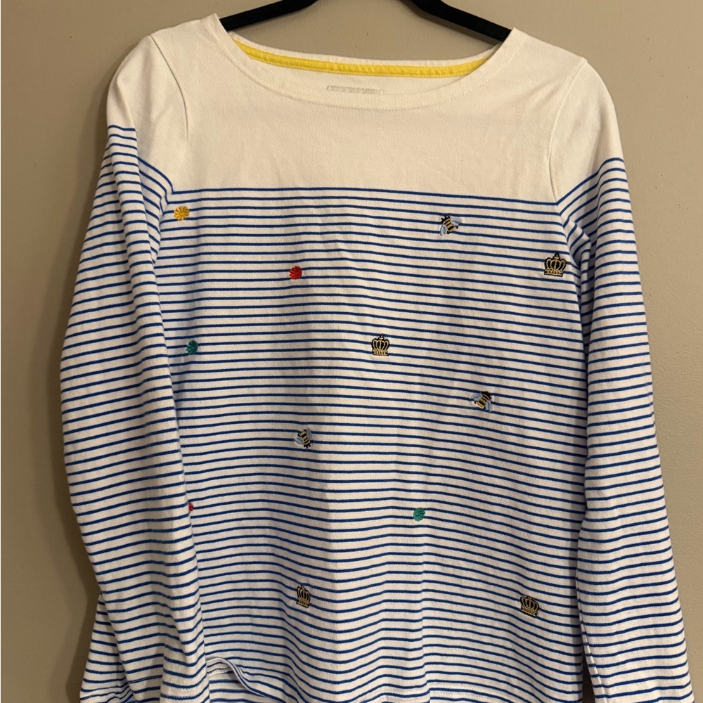 Joules White and Blue Striped Sweater with Embroidered Accents